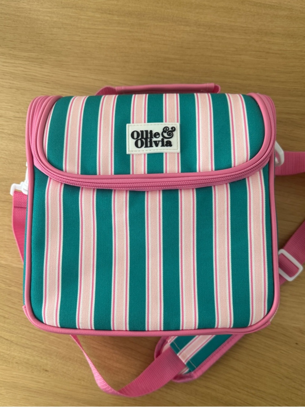 Ollie & Olivia Striped Pink Teal Lunch Cooler Crossbody Bag